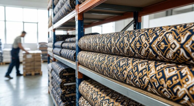 umpukan gulungan kain batik cetak di gudang grosir, siap diproduksi menjadi seragam instansi.